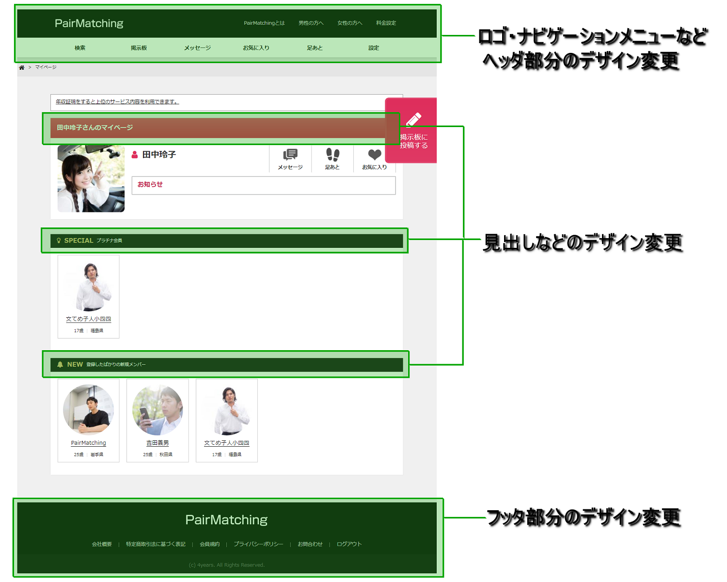 おまかせデザインで、主に変更する箇所